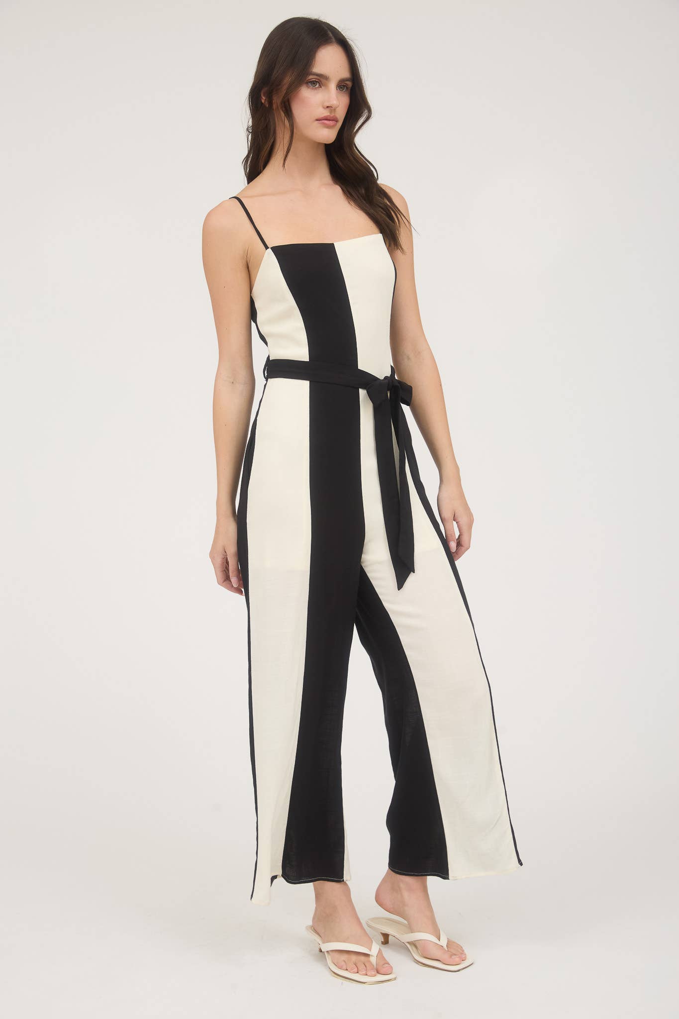 WIDE STRIPE SPAGHETTI STRAP BELTED JUMPSUIT