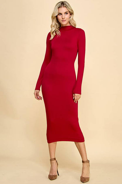 DOUBLE LAYERED MOCK NECK MIDI DRESS