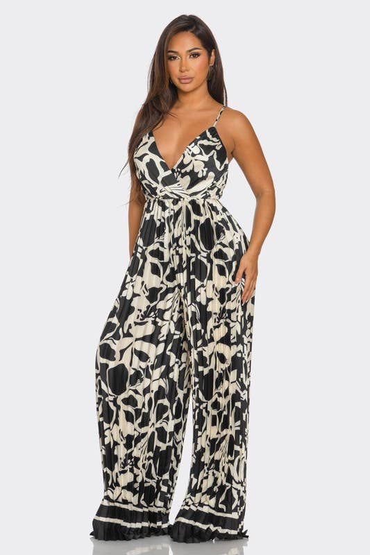 BCCJ71690  Suspender Print Pleated Jumpsuit