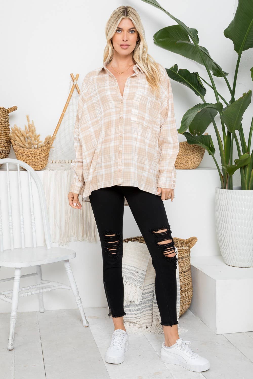 Raglan Sleeves Oversized Plaid Shirt