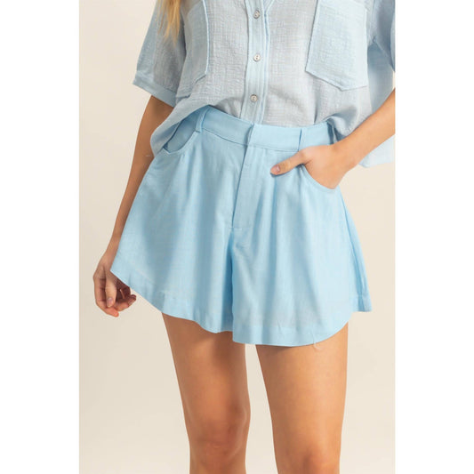 HF25A652-Linen Mid-Rise Flared Shorts