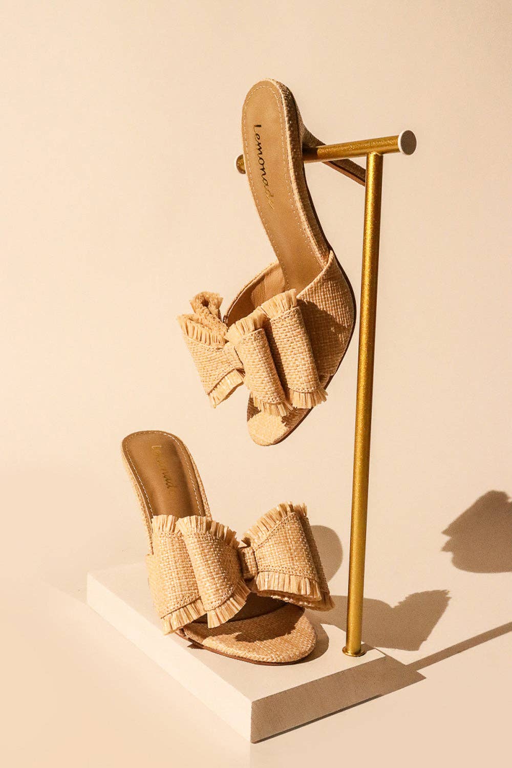 BEACH HOUSE - Raffia Bow Mules, Woven Finish, Stiletto Heel