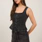LACE UP FRONT SLEEVELESS DENIM TOP
