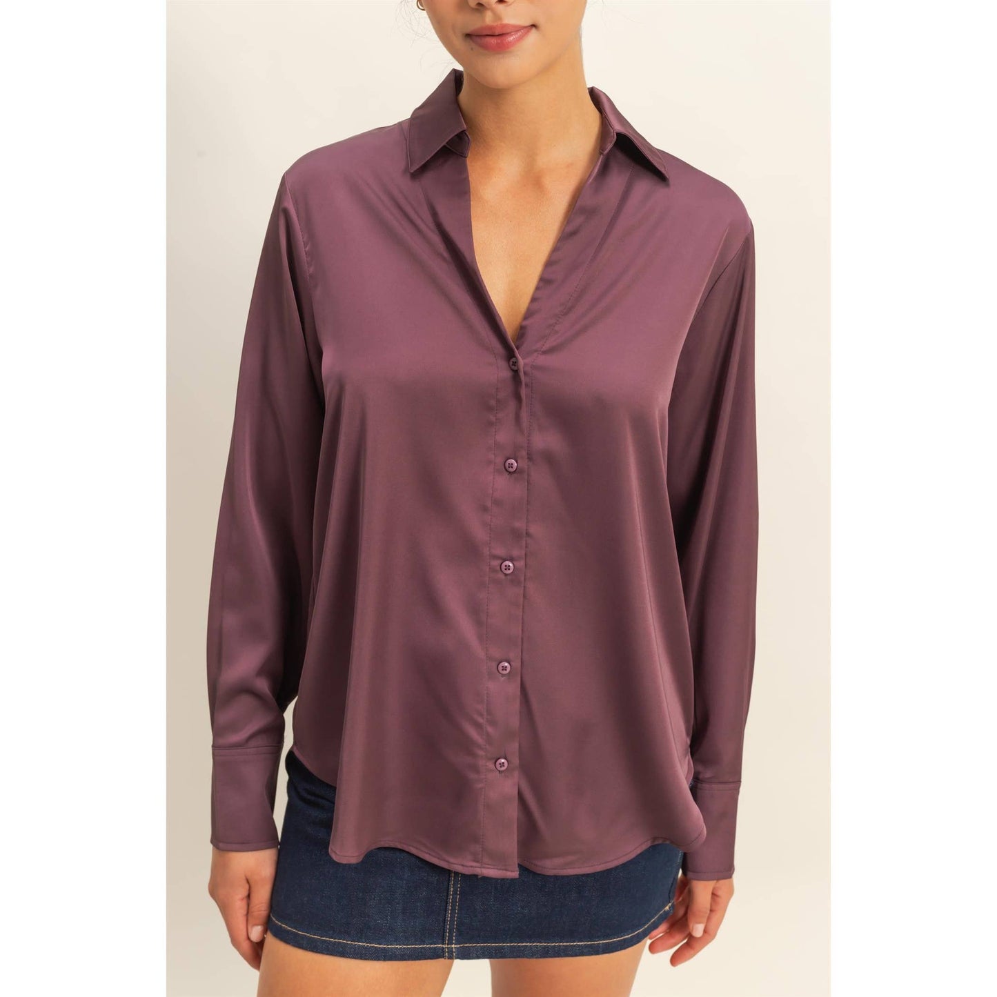 Desiree Smooth Satin Blouse With Collared Neckline