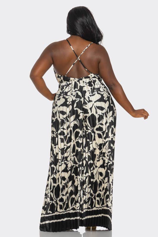 BCCJ71690 PLUS   Suspender Print Pleated Jumpsuit