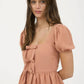 FRONT BOW DETAIL PUFF SLEEVE PEPLUM TOP