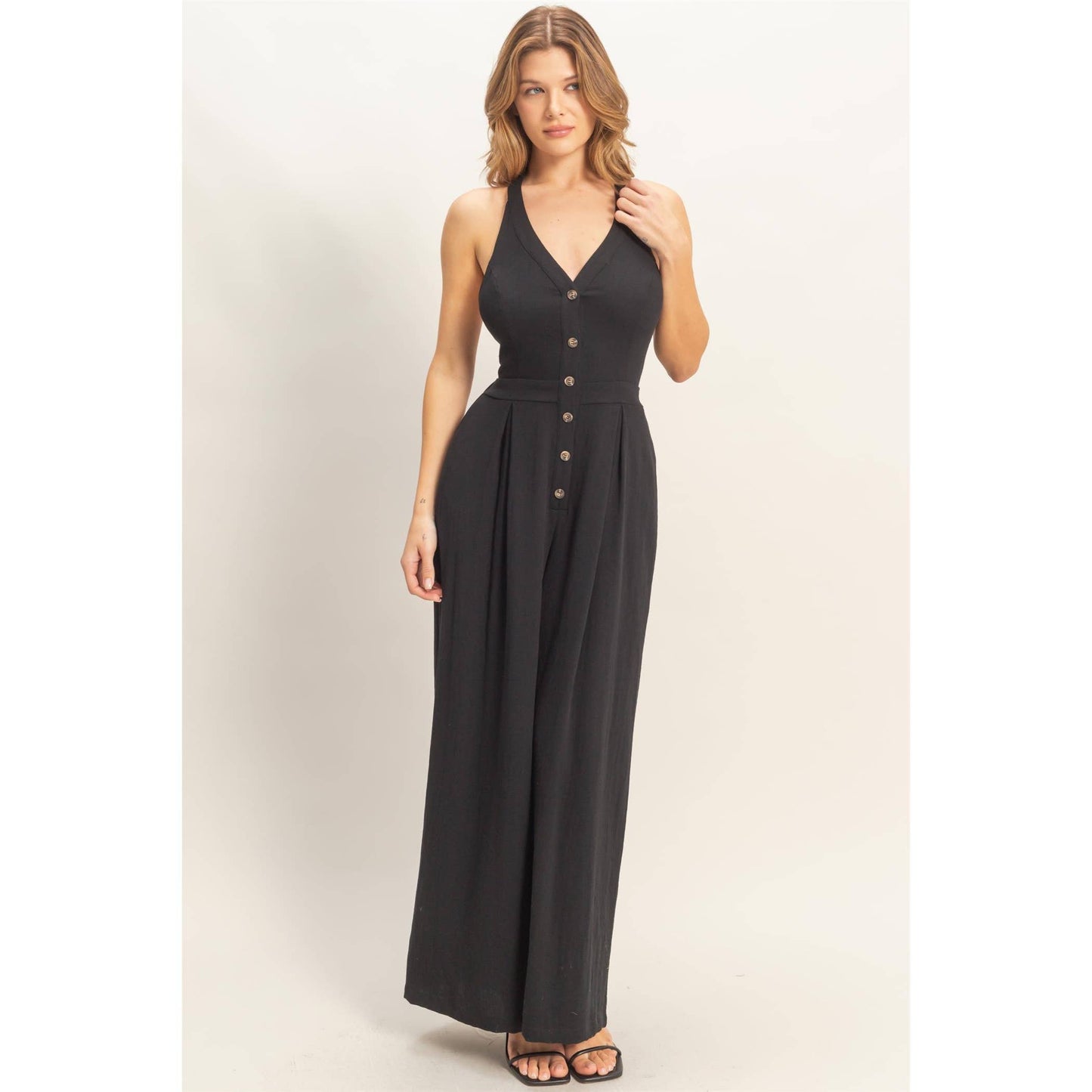Halter Button-Front Jumpsuit