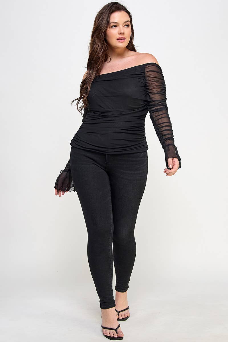 The Monica Plus Size Over the Shoulder Ruched Mesh Top