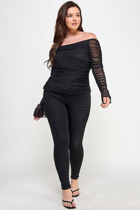 The Monica Plus Size Over the Shoulder Ruched Mesh Top