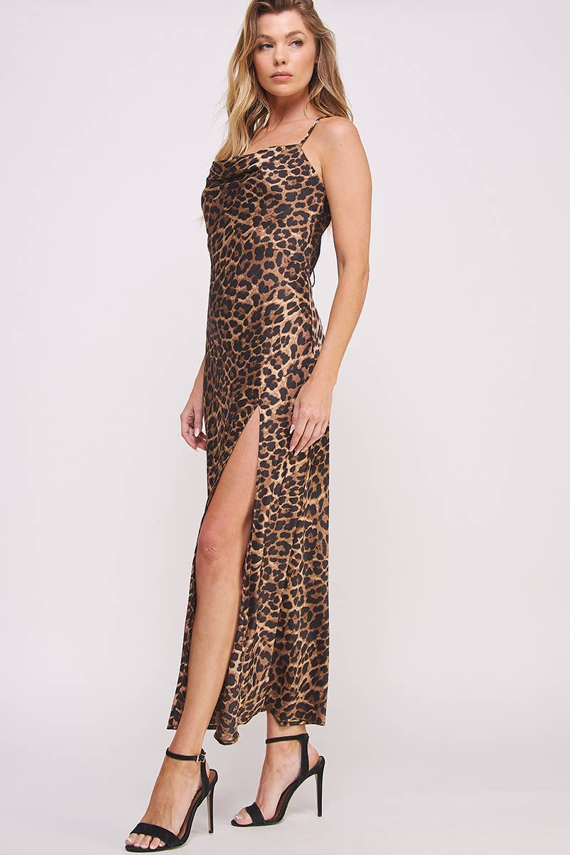 Savage Nights Leopard Satin Maxi Slip Dress