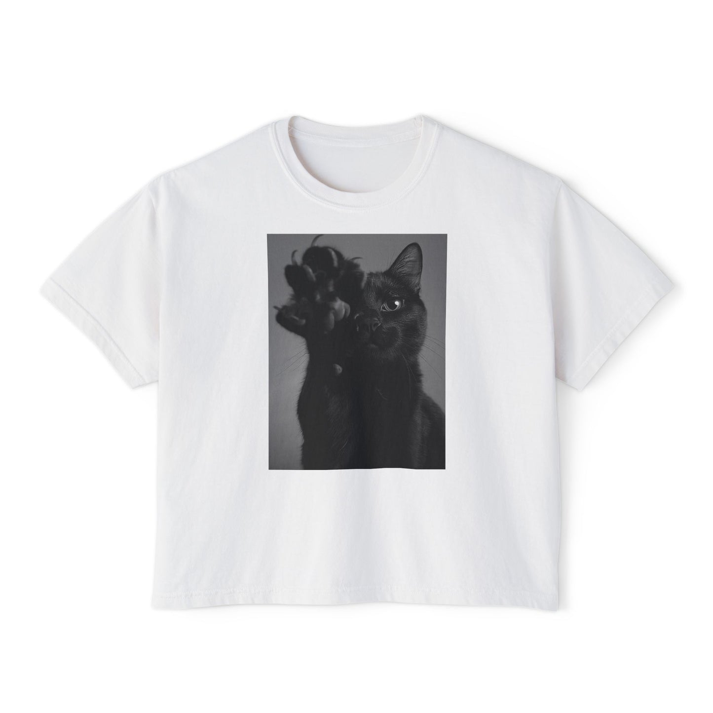 GoodLuck Kitty Graphic Women's Boxy Tee, Pet Lover Gift, Casual Summer Top, Fun Cat T-Shirt, Streetwear Style Tee