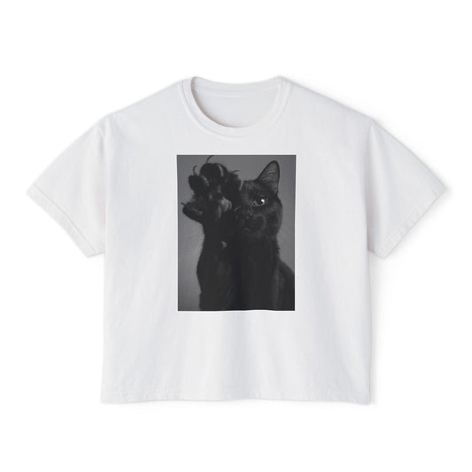 GoodLuck Kitty Graphic Women's Boxy Tee, Pet Lover Gift, Casual Summer Top, Fun Cat T-Shirt, Streetwear Style Tee