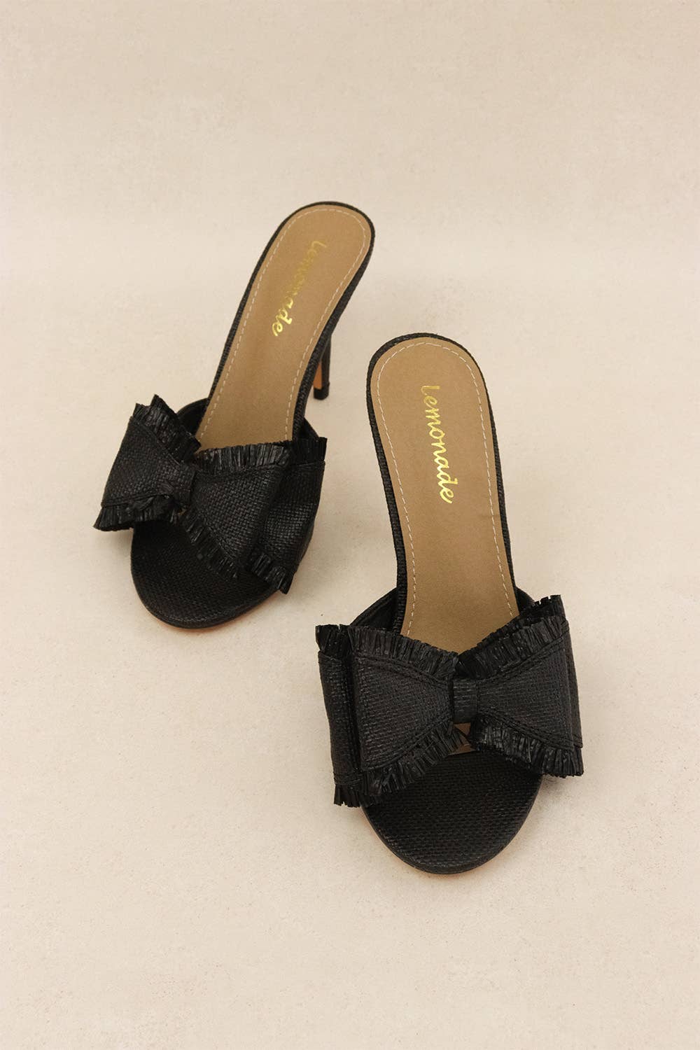 BEACH HOUSE - Raffia Bow Mules, Woven Finish, Stiletto Heel
