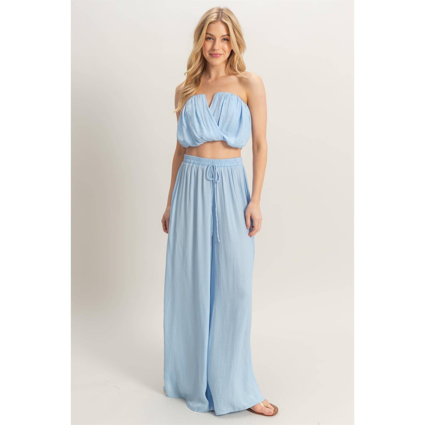 HF25E001-SET-Ruched Top And High Waist Pants Set