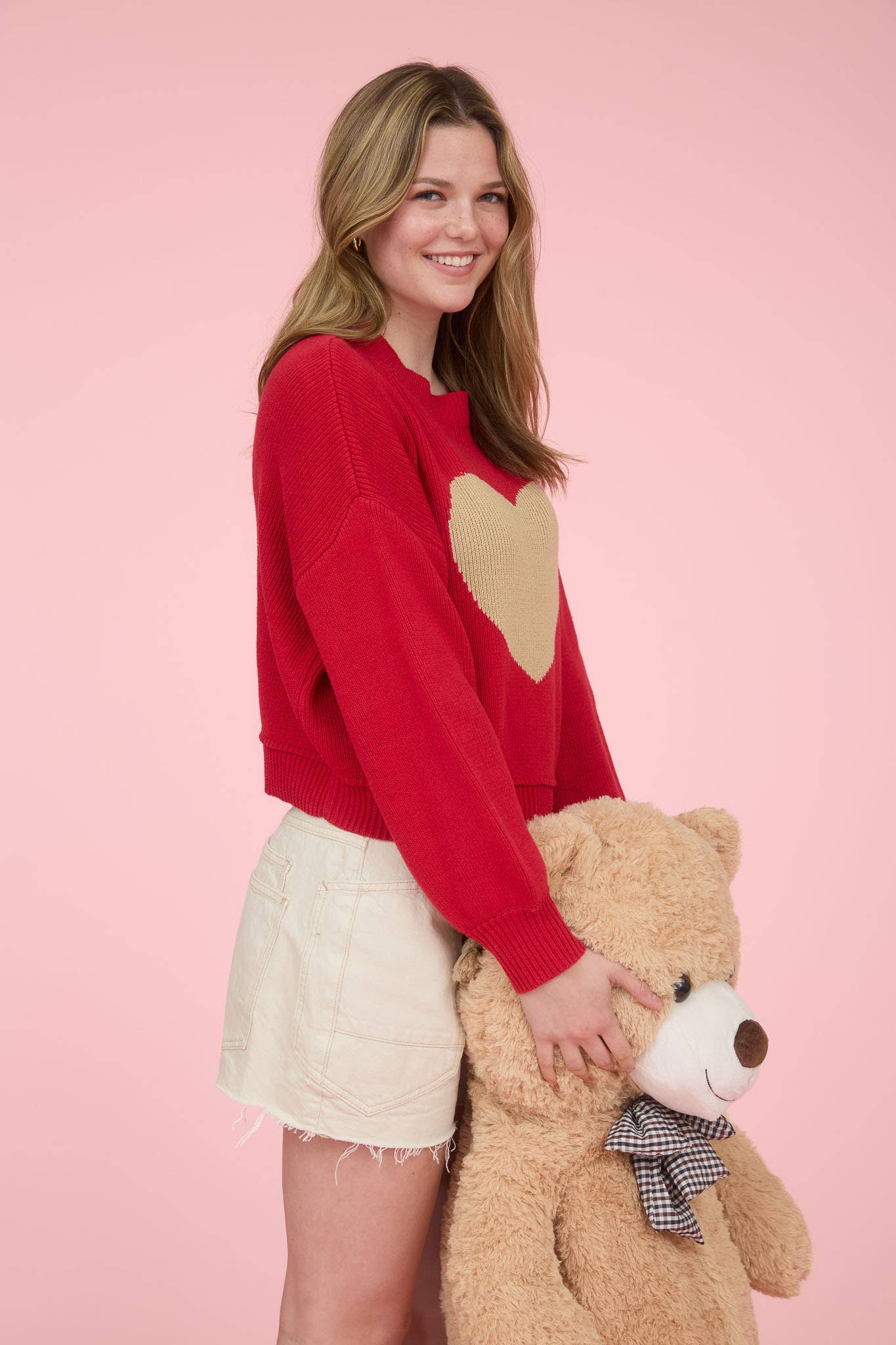 HEART JACQUARD CREW NECK KNIT PULLOVER SWEATER