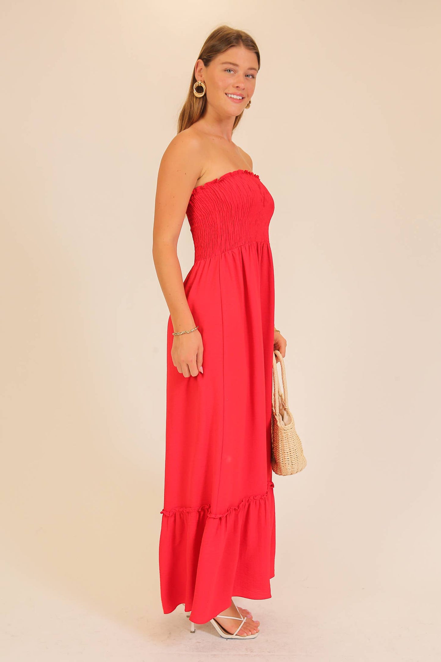 Strapless boho smocked top airflow maxi dress
