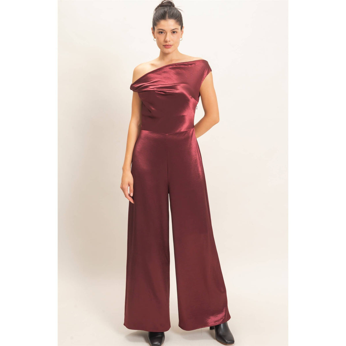 Asymmetrical Cowl Neck Wide Leg Jumpsuit