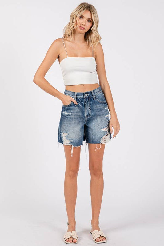 P1355R-MD HIGH RISE RIGID RELAXED MIDI SHORT W/ FRAYED HEM