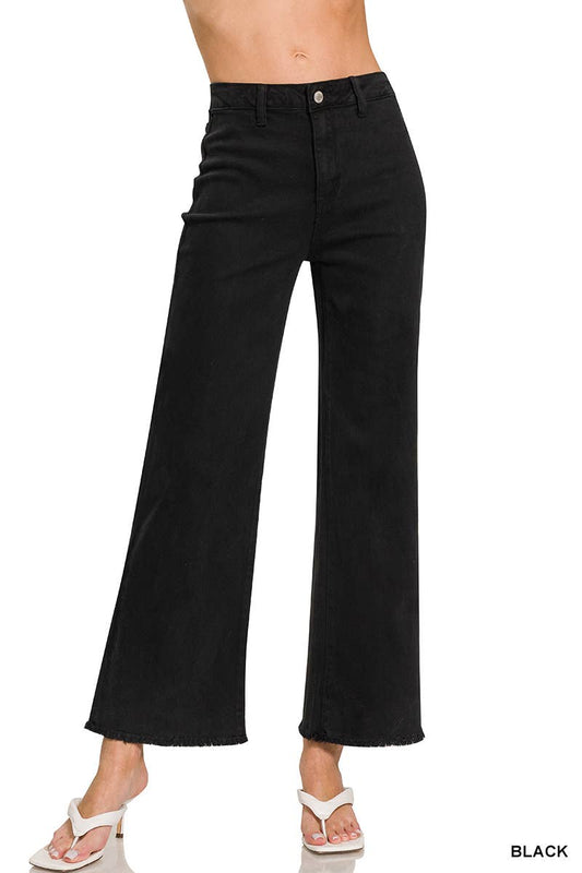 Acid Wash Frayed Hem Straight Wide Denim Pants