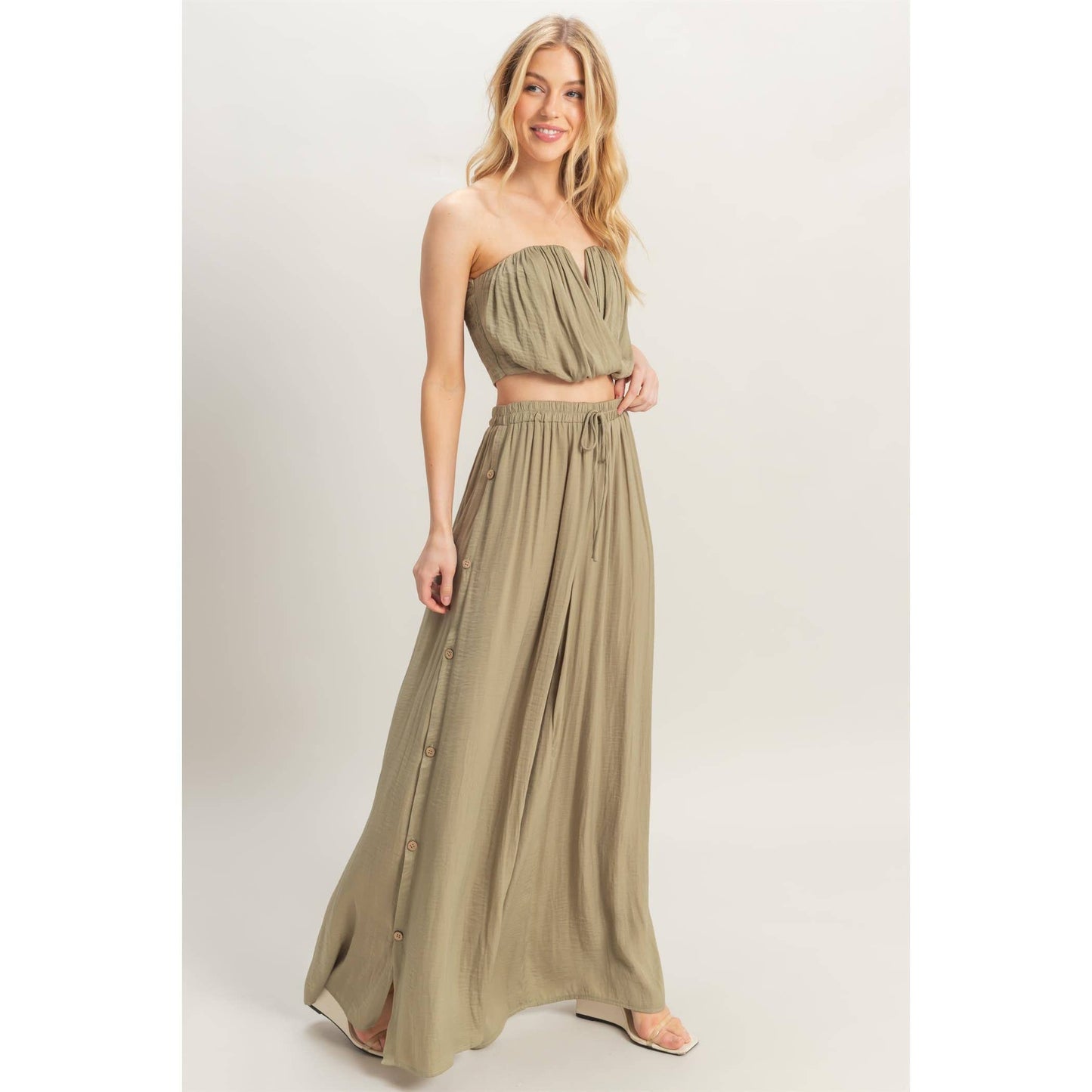 HF25E001-SET-Ruched Top And High Waist Pants Set