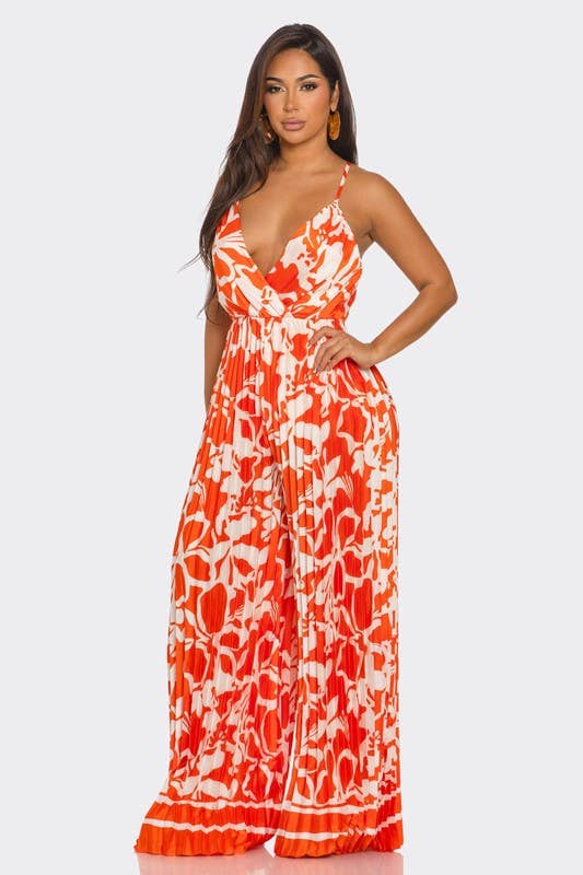 BCCJ71690  Suspender Print Pleated Jumpsuit