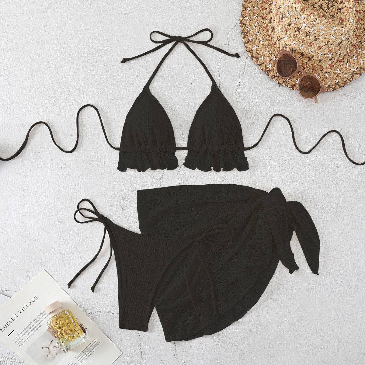 3PCS Solid Color Lace Backless Swimwear