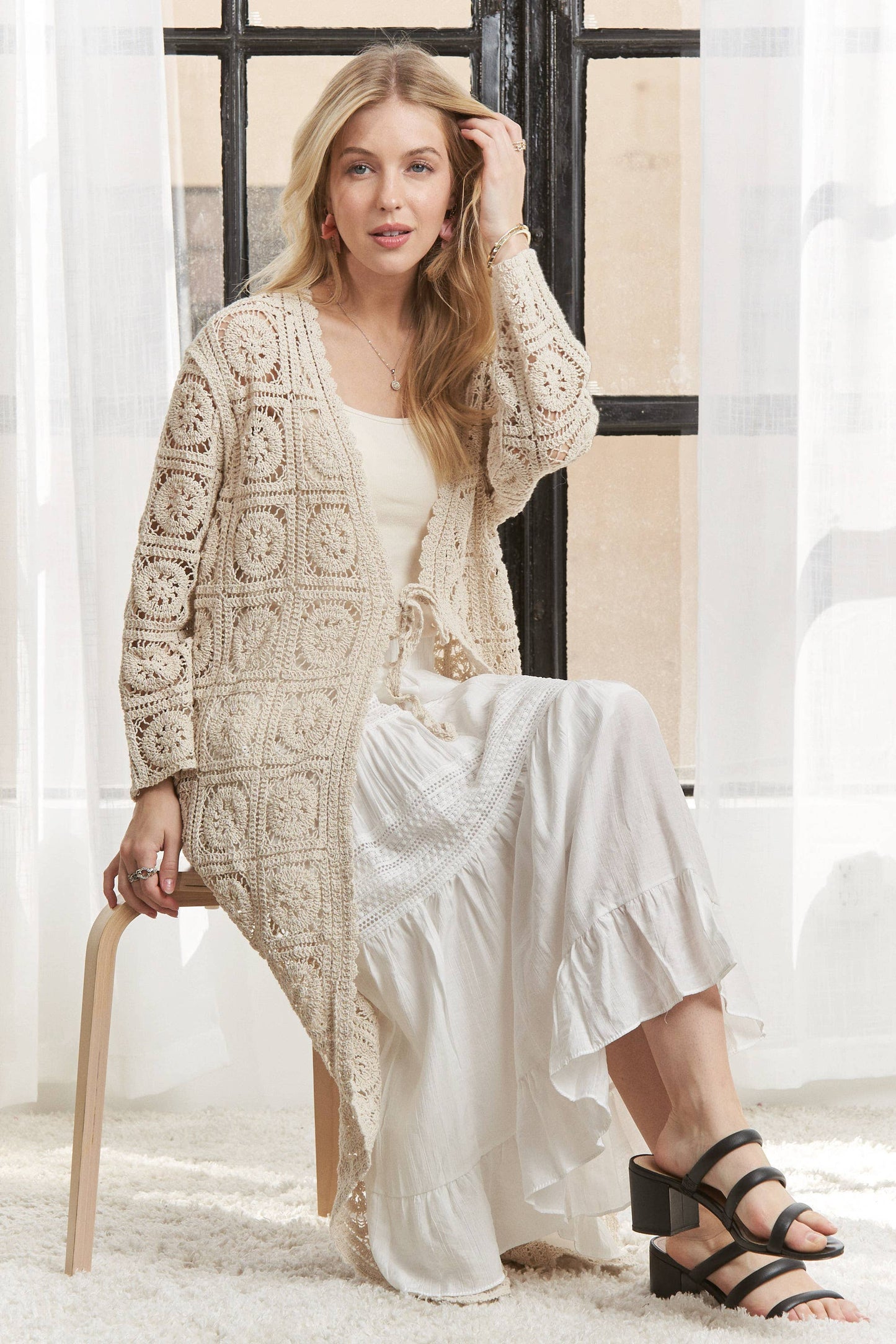 CESW3831- LONG SLEEVES CROCHET ELASTIC CARDIGAN