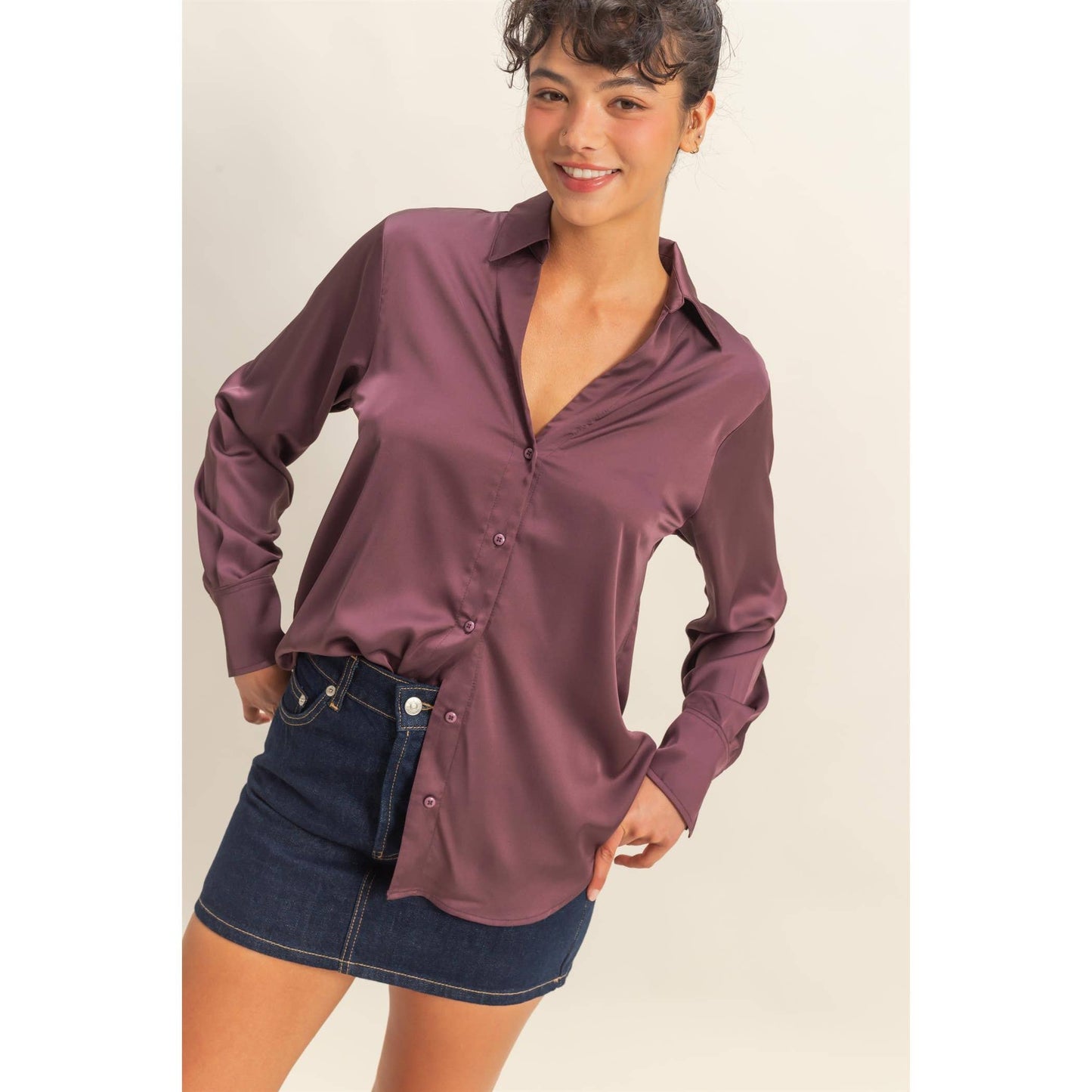 Desiree Smooth Satin Blouse With Collared Neckline