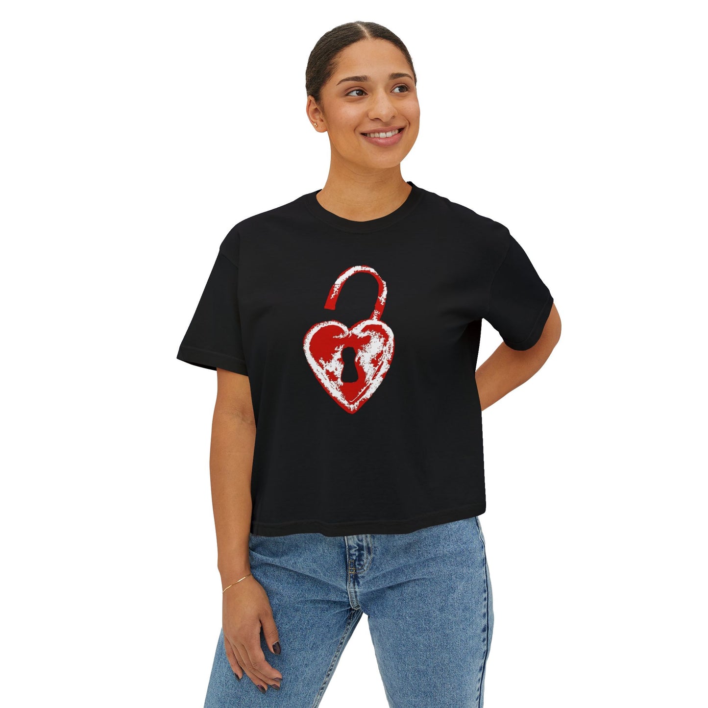 Heart Lock Boxy Tee — Vintage Red Padlock Graphic Women's Crop Top