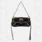 Glossy Faux Leather Rivet Trim Shoulder Bag