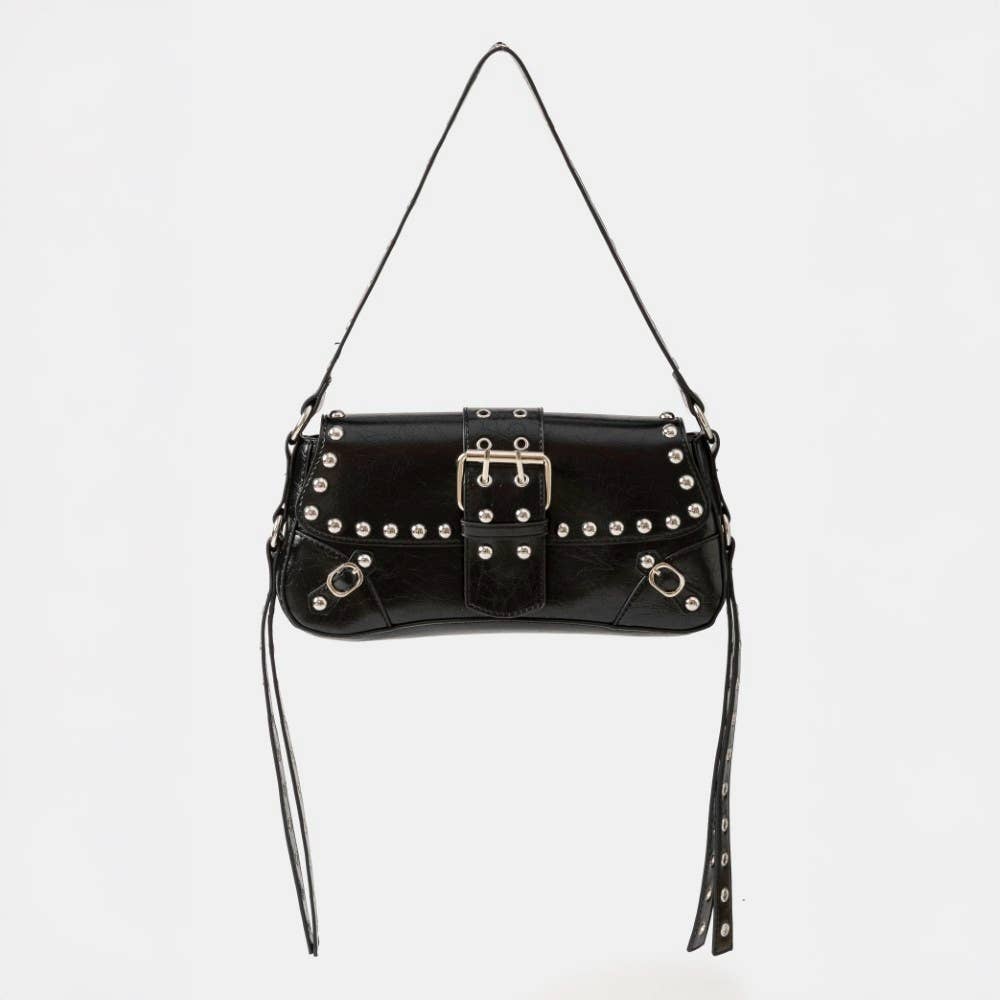 Glossy Faux Leather Rivet Trim Shoulder Bag