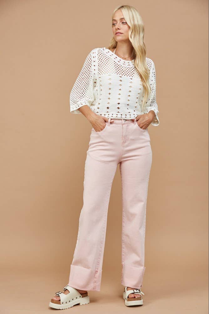 STRAIGHT LEG WASHED CUFFED JEANS Mauve