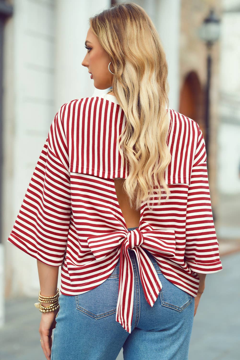 Stripe Bowknot Cutout Back Drop Shoulder Wide Bracelet Tee