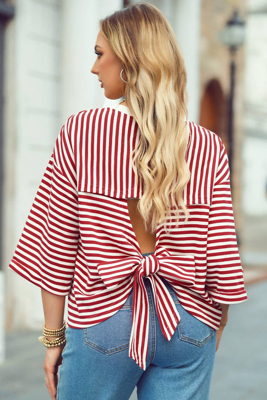 Stripe Bowknot Cutout Back Drop Shoulder Wide Bracelet Tee