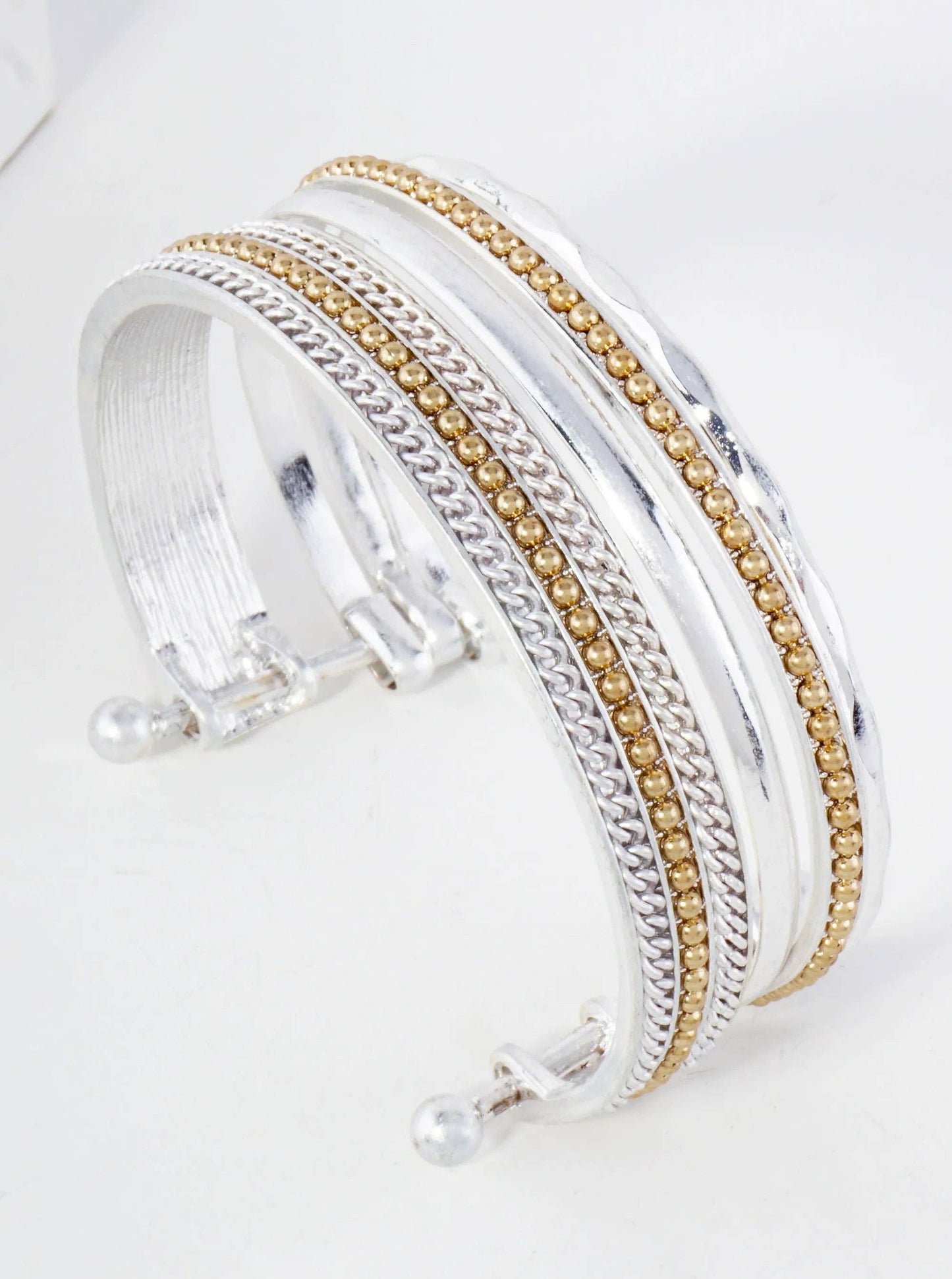 Dual-Tone Chain Ball Textured Layered Metal Open Cuff Bracelet