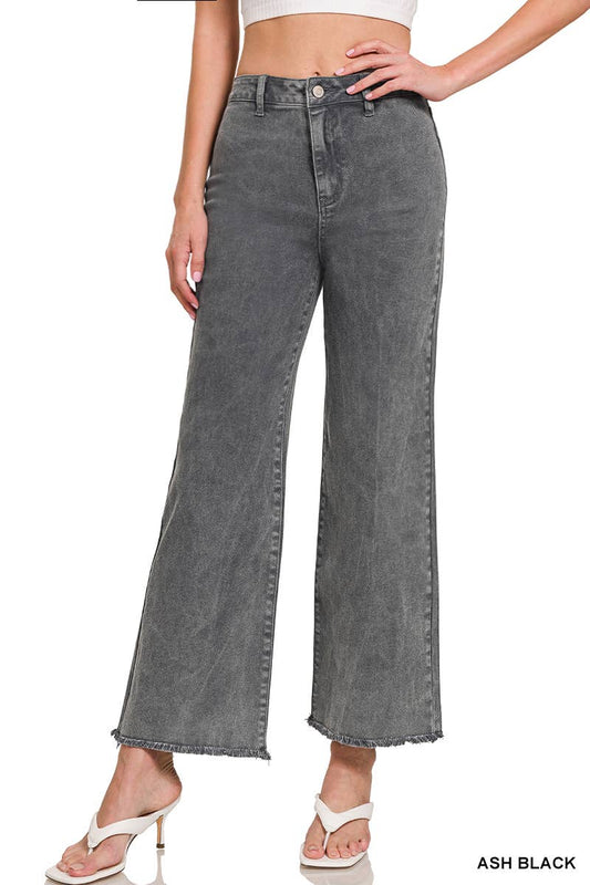 .SI-24919 Acid Washed Frayed Cutoff Hem Straight Wide Pants 0607