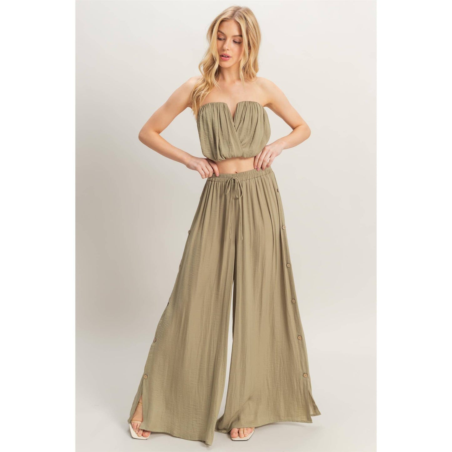 HF25E001-SET-Ruched Top And High Waist Pants Set