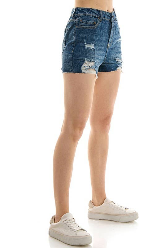 STRETCH HIGH RISE RIPPED FREY HEM DENIM SHORTS