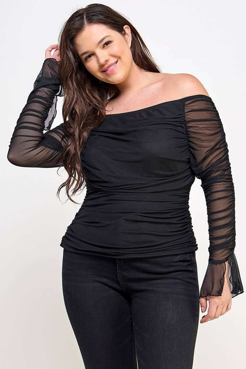The Monica Plus Size Over the Shoulder Ruched Mesh Top