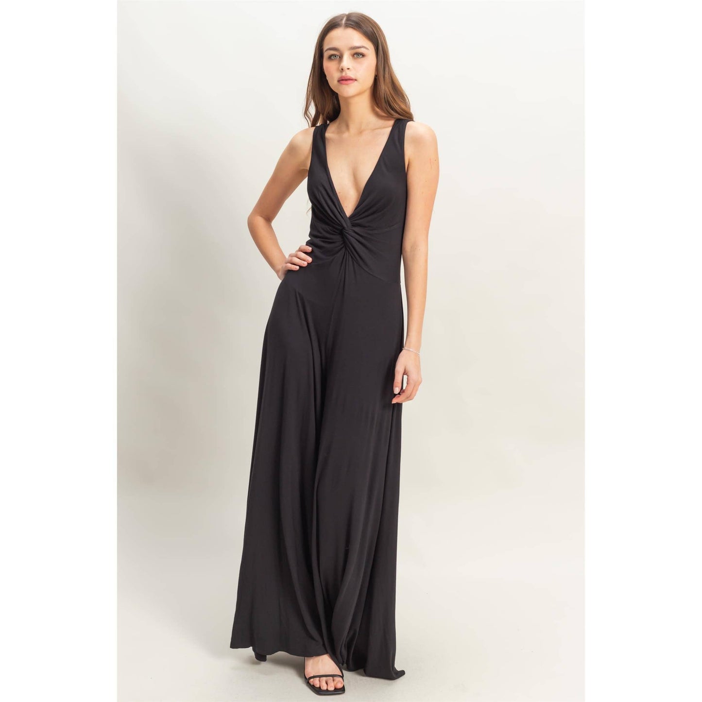 HF25C959-Knotted Bust Sleeveless Jersey Jumpsuit