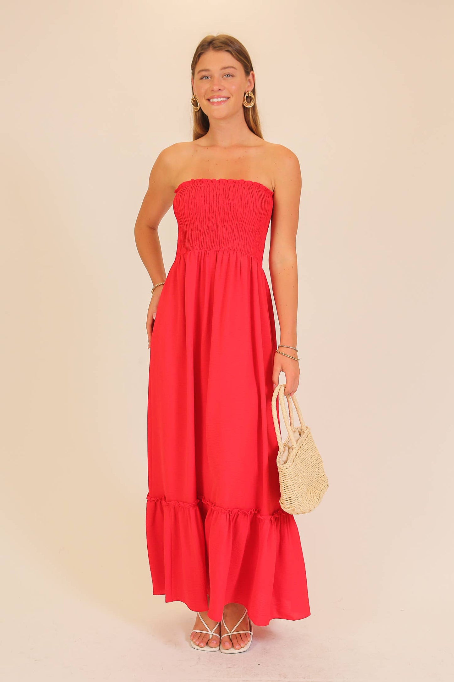 Strapless boho smocked top airflow maxi dress