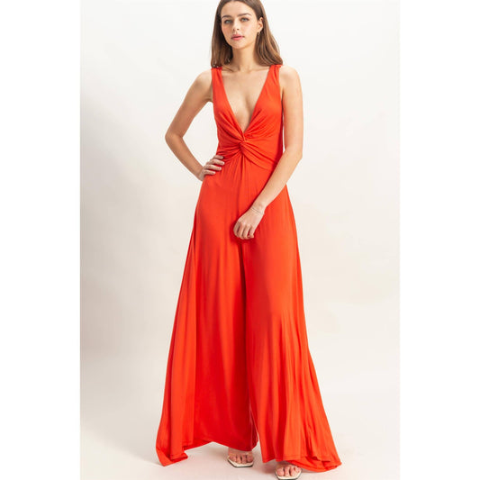 HF25C959-Knotted Bust Sleeveless Jersey Jumpsuit