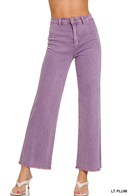 Acid Wash Frayed Hem Straight Wide Denim Pants