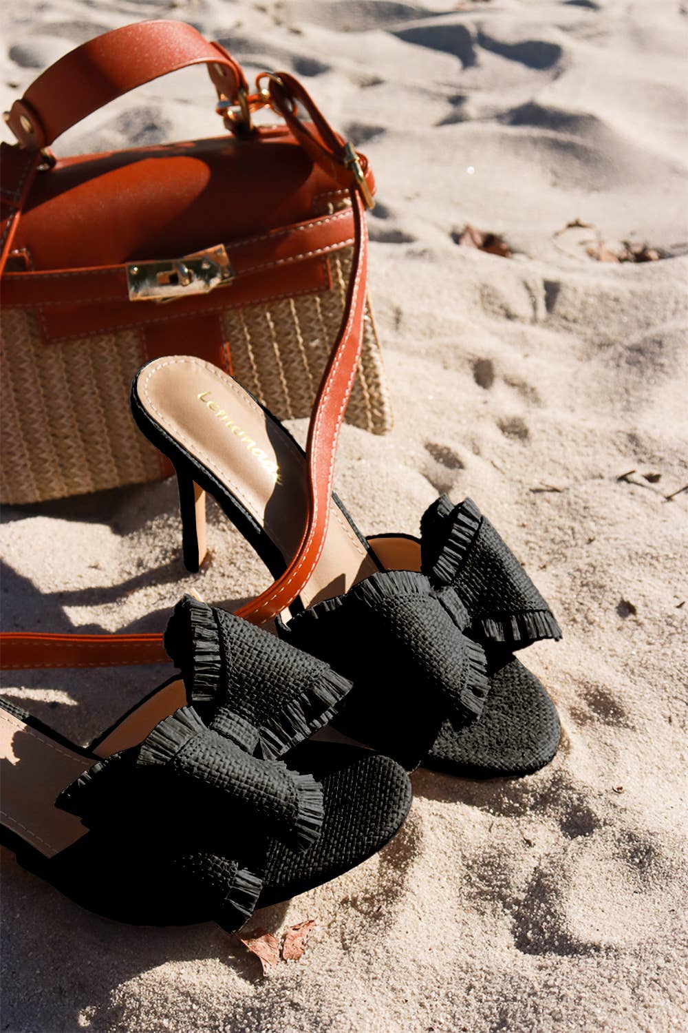 BEACH HOUSE - Raffia Bow Mules, Woven Finish, Stiletto Heel