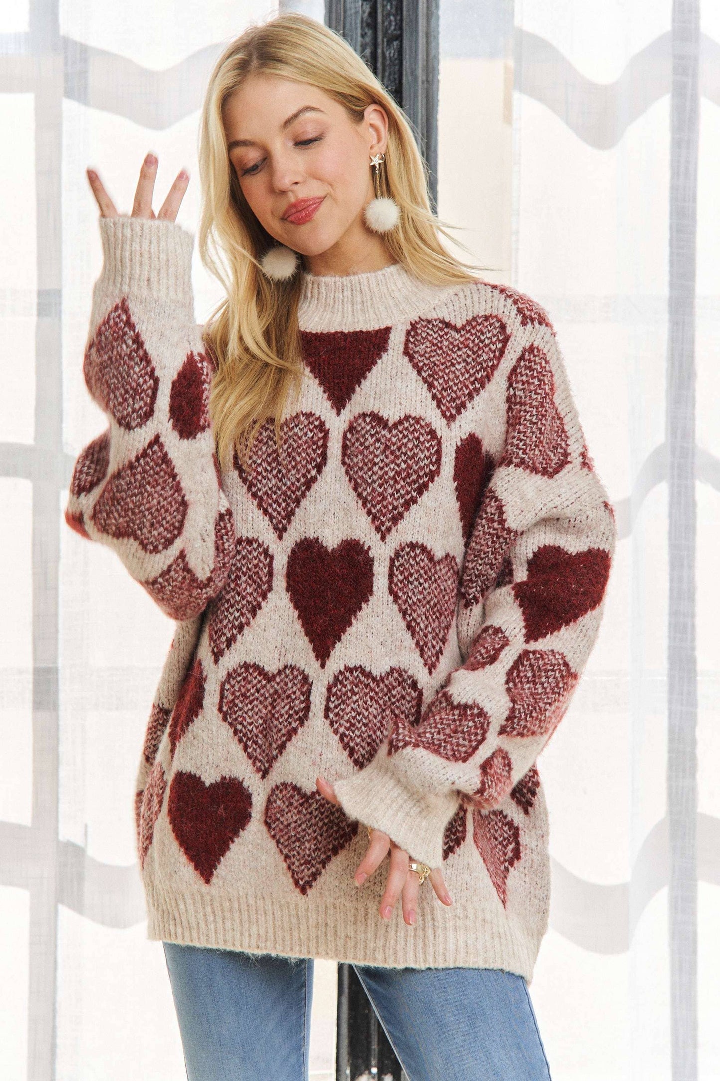 MOCK NECK HEART PRINT PULLOVER SWEATER