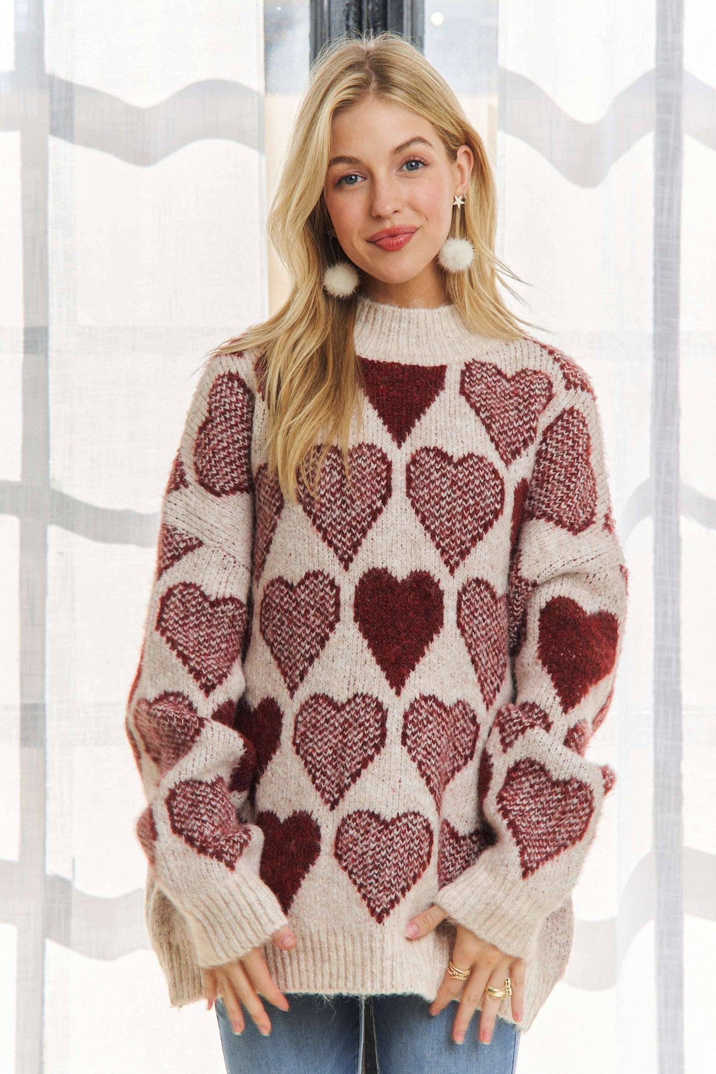 MOCK NECK HEART PRINT PULLOVER SWEATER