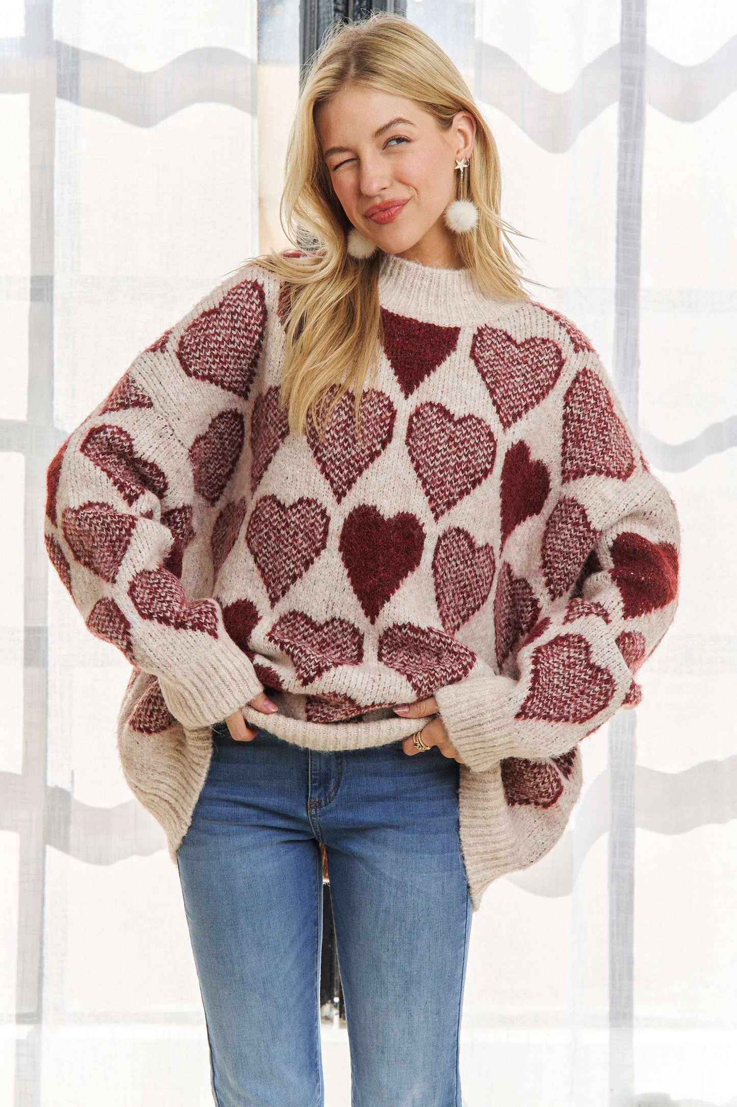 MOCK NECK HEART PRINT PULLOVER SWEATER