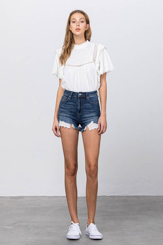 High Rise Stretch Frayed Hem Lace Line Trim Denim Shorts
