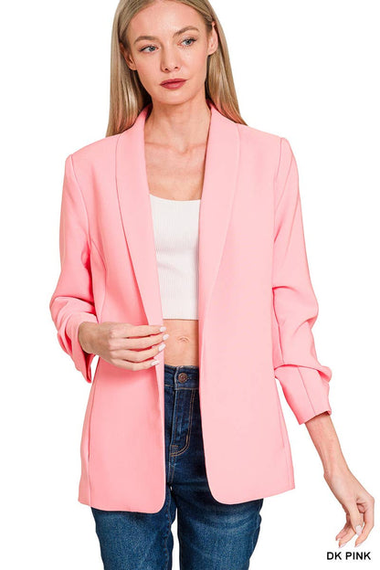 Woven 3/4 Ruched Sleeve Open Front Classic Blazer