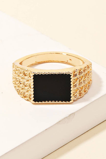 Black Piece Metallic Signet Band Ring